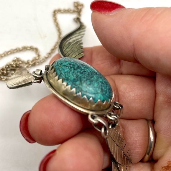 Vtg Genuine Spiderweb Turquoise 925 Sterling Silver Bib Necklace NA - Picture 9 of 9